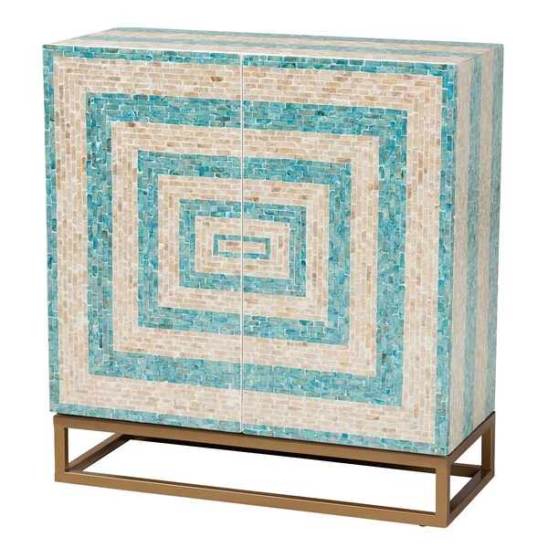 Baxton Studio Utari Modern Bohemian Two-Tone Beige and Blue Mother of Pearl and Gold Metal Storage Cabinet 240-13477-ZORO - main